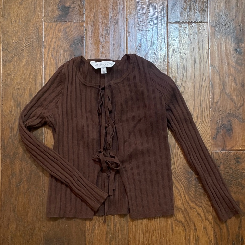 Brown Ribbed Cardigan with Tie Front